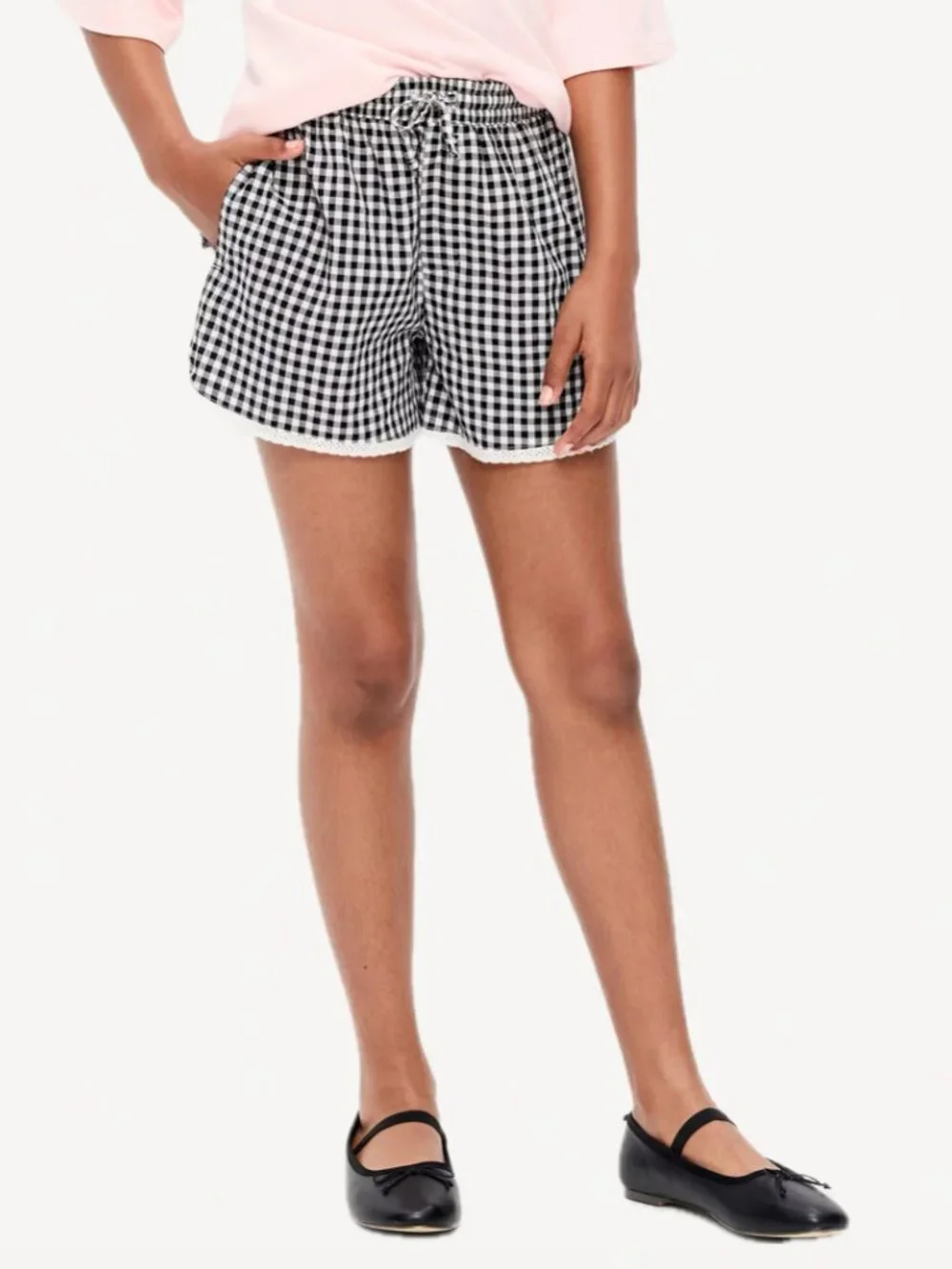 Old Navy Girl’s Gingham Cotton Woven Poplin Lace-Trim Shorts (Black Gingham)